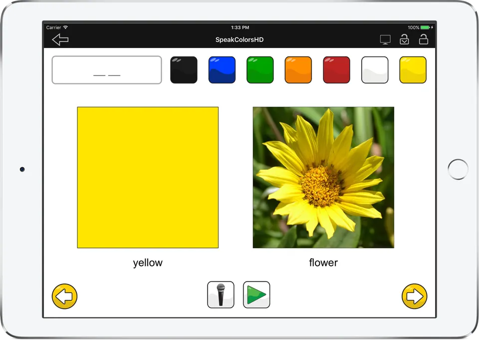 SpeakColorsHD on an iPad, showing the phrase ‘yellow flower’ with a record button